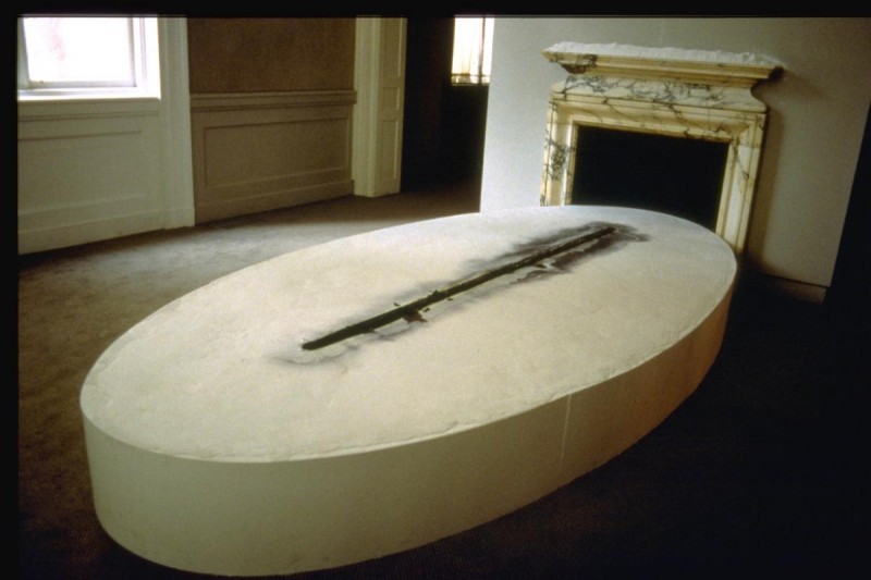 Residue - Plaster, Drawing Ink, and vaseline. The plaster element is 12”x12’x60”