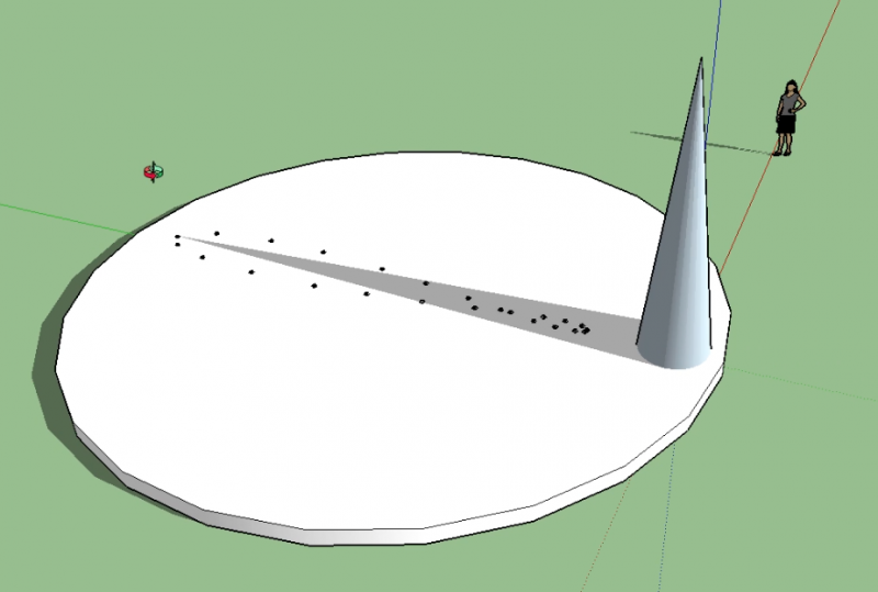 The shadow of the tip of the cone acts as a calendar and as a "noon mark". At no