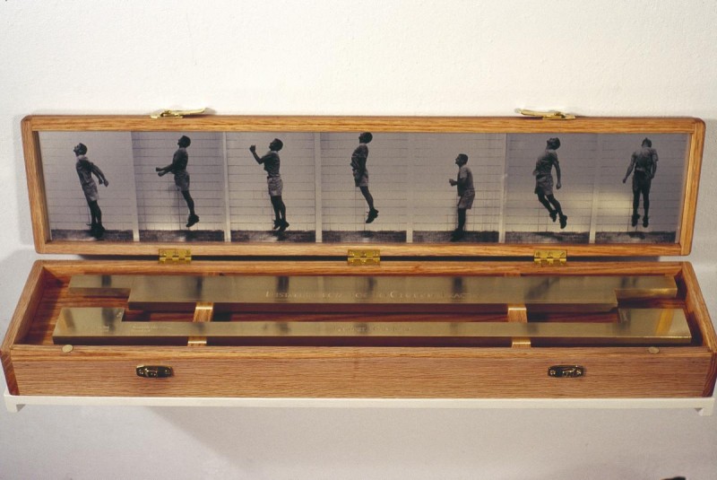 The Highest I Can Jump-oak, photo etching. The brass bar represents the greatest