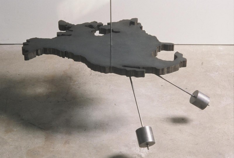 Geographic Center of North America, steel. 25”x32”x1.5”. This piece is suspended