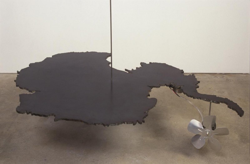 Explanation of Mysterious Force, steel, electric fan, and electric timer. 60”x44